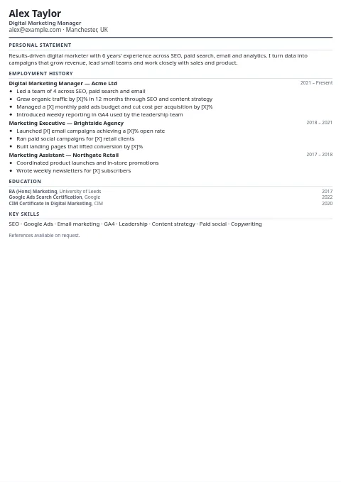 Compact One-Page CV and resume template preview