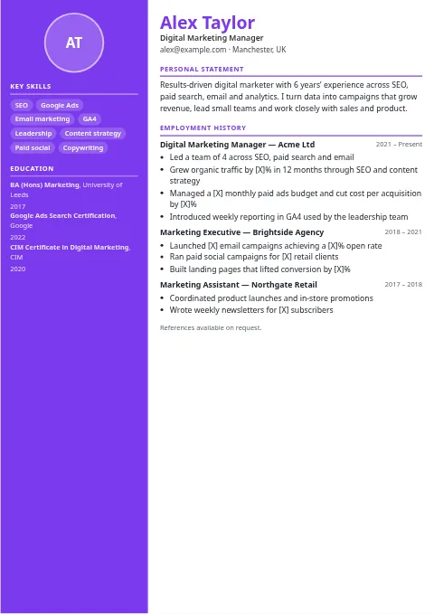 Creative Sidebar CV and resume template preview