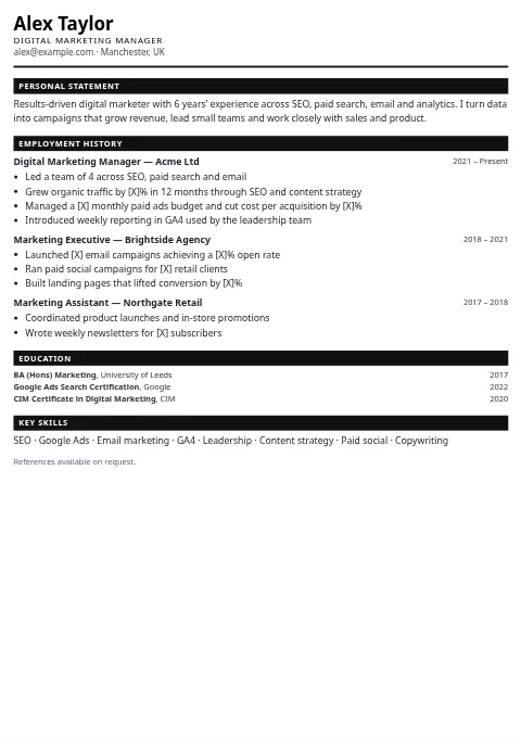 Monochrome CV and resume template preview