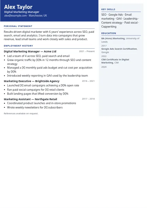 Corporate Navy CV and resume template preview